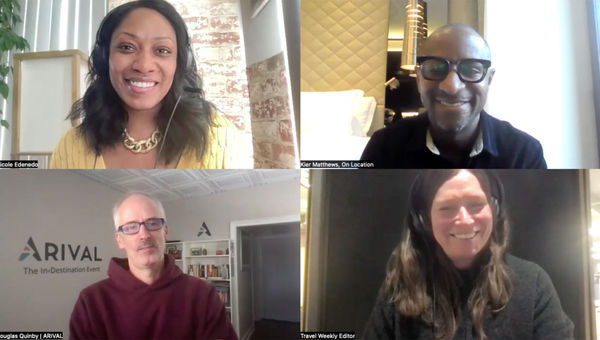 Clockwise from top left: Nicole Edenedo of Travel Weekly; Kier Matthews of On Location Experiences; Rebecca Tobin of Travel Weekly and Douglas Quinby of Arival.